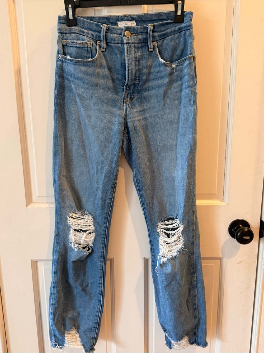 Good American Good Classic Distressed Slim Straight Jeans Raw Hem Size 27 / 4